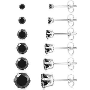6 Pairs Stainless Steel Stud Earrings Set Hypoallergenic Cubic Zirconia Black